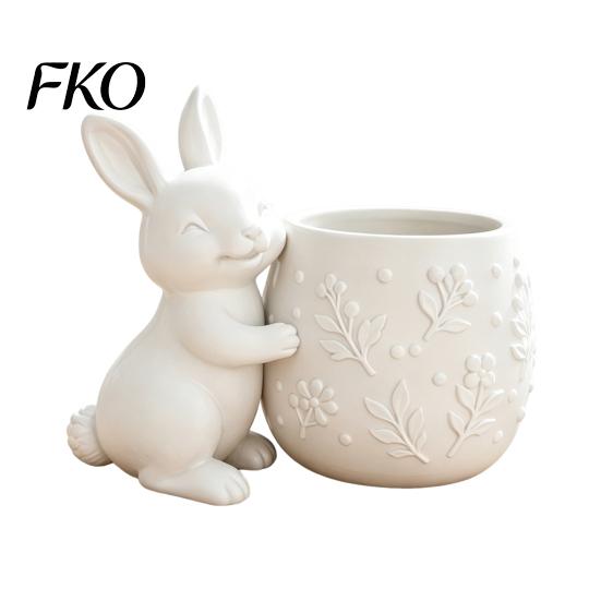 Mini Flowerpot 3D Printed Bunny Hugging Succulents Planter, Cute Rabbit Flower Pot with Embossed Small Desktop Planter Floral Body, Desk Decor