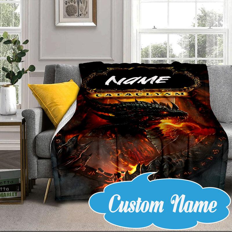 Custom Name Dragon's Fiery Warcraft Blanket bed sofa Blanket Flannel Blanket for Camping, Hiking, Picnic Essentials,gift for Fan family