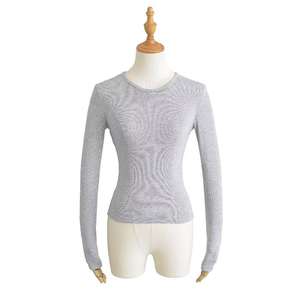 Trendy Women's Ribbed Long Sleeve Round Neck T-shirt - Slim Fit Autumn/Winter Base Layer in Solid Color.