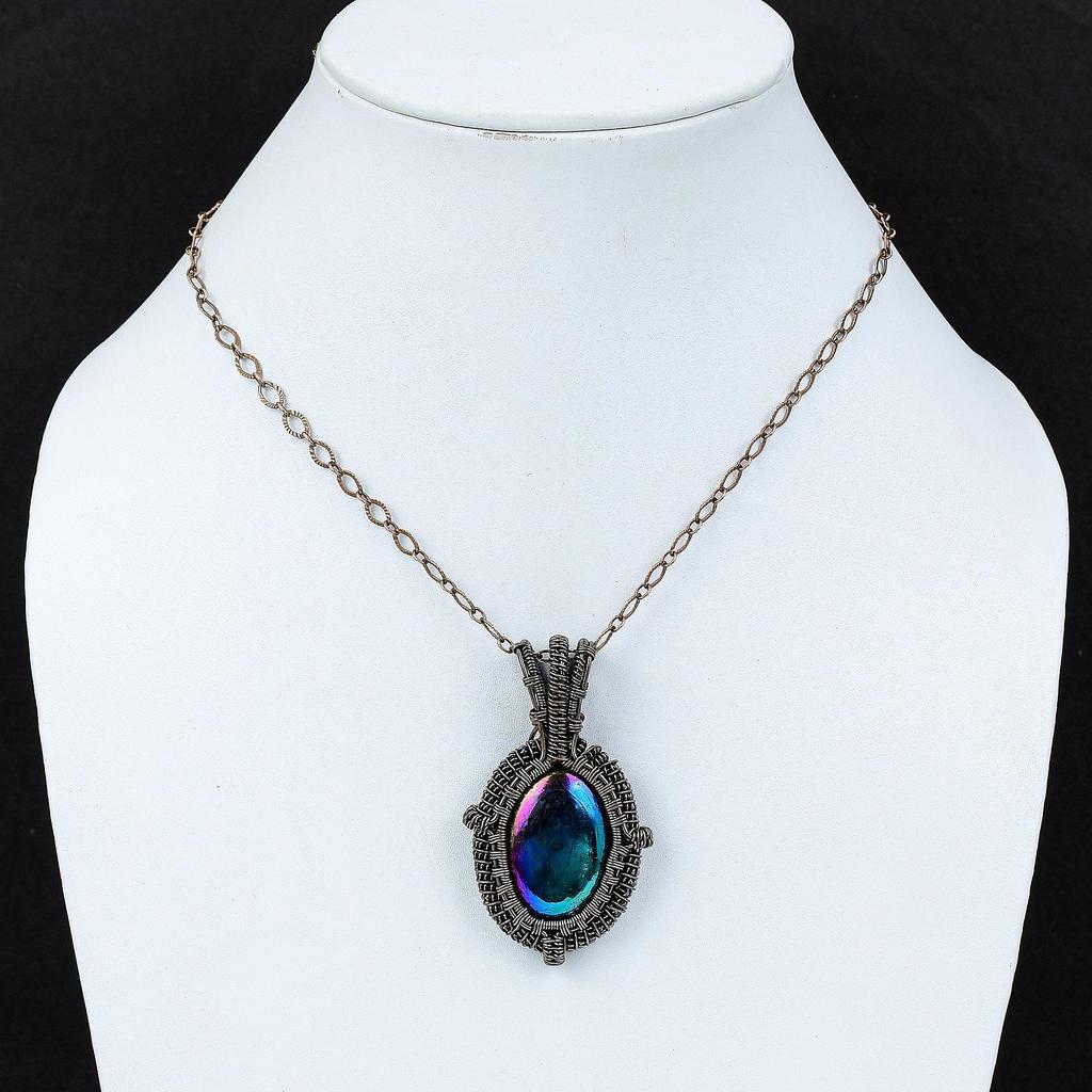 Mystischer Feuer Labradorit Anhänger Kupferdraht umwickelter Edelsteinanhänger Handgefertigter Kupferschmuck Einzigartiger Anhänger Drahtwickelschmuck Geschenk für Frauen