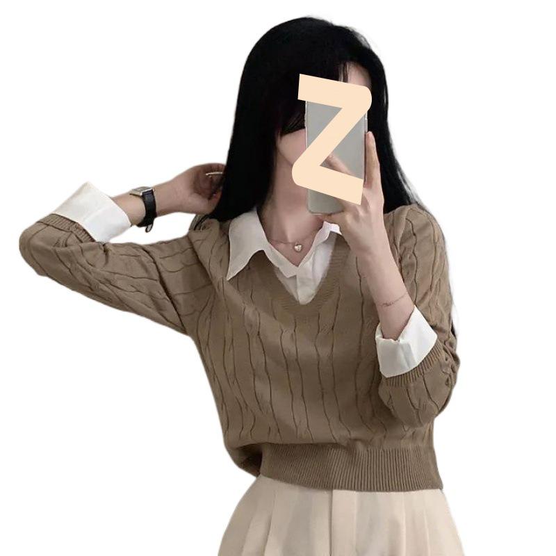 Svetr pletený patchworkovým stylem v korejském stylu s košilovým límcem - Dámský zeštíhlující podzimní pulovr