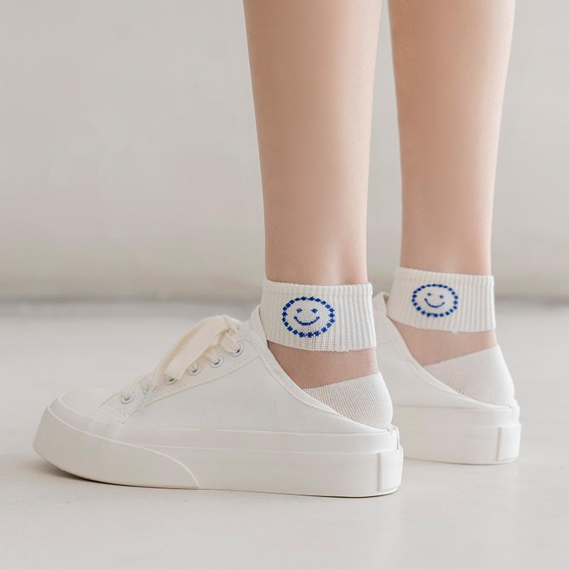 Women's Spring and Summer Light and Trendy Invisible Short Socks Blue Cartoon Smiling Face Glass Sole Boat Socks