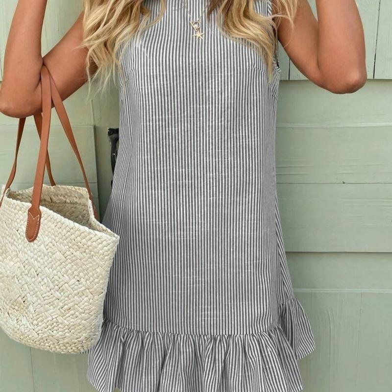 Summer Fall European Style Striped Sleeveless Ruffle Casual Maxi Dress S