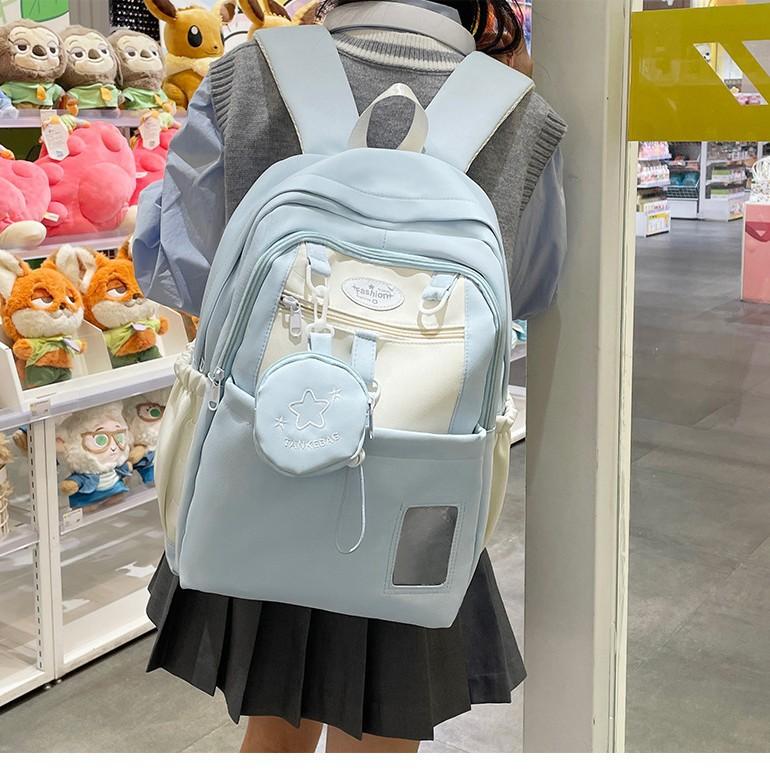 Versatile contrasting color college schoolbag female, cute large-capacity backpack, junior high school student backpack