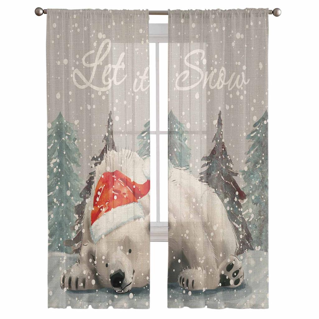 Christmas Snowflake Bear Curtains For Living Room Bedroom Home Decoration Window Voile Tulle Curtain Drapes