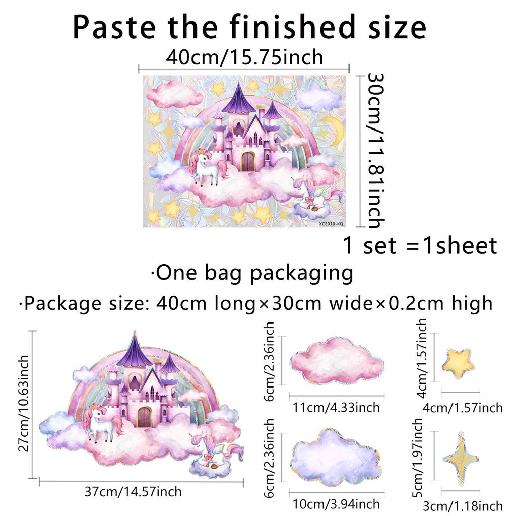 Creative Unicorn Castle Characters Stars Colorful Double-Sided Stickers, Window Glass Stickers, Living Room Bedroom Self-Adhesive