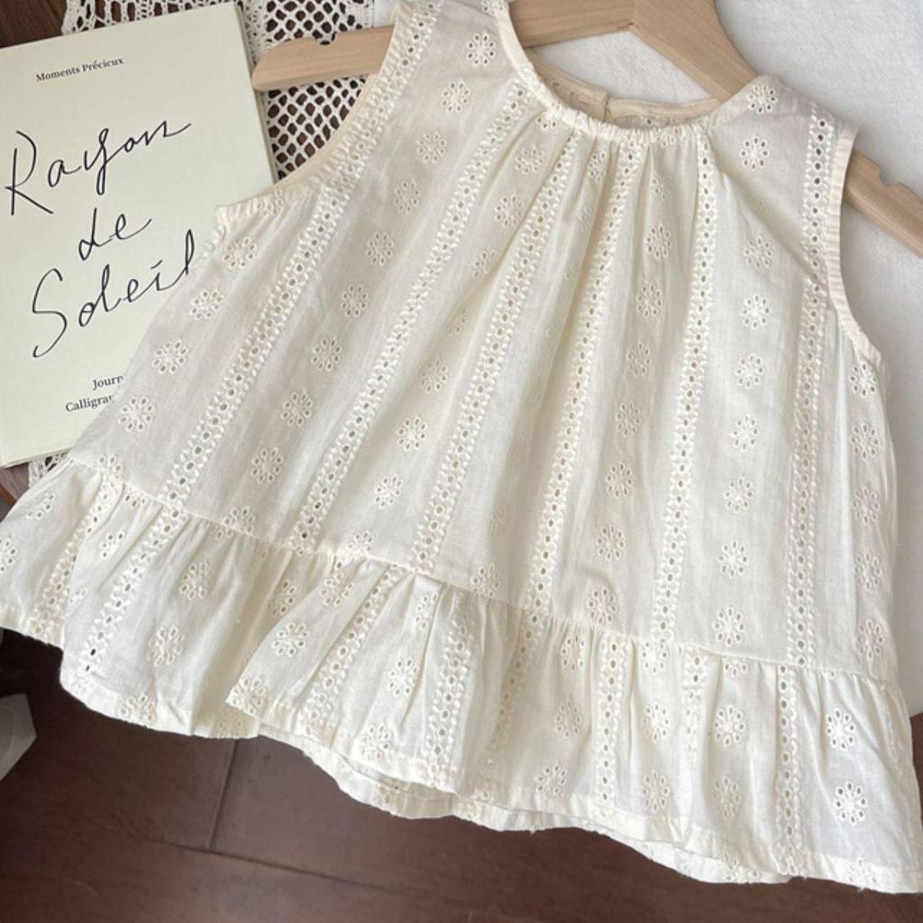 Girls' Floral Hollow-Out Sleeveless Summer Vest - Korean Style Mori Doll Shirt Top