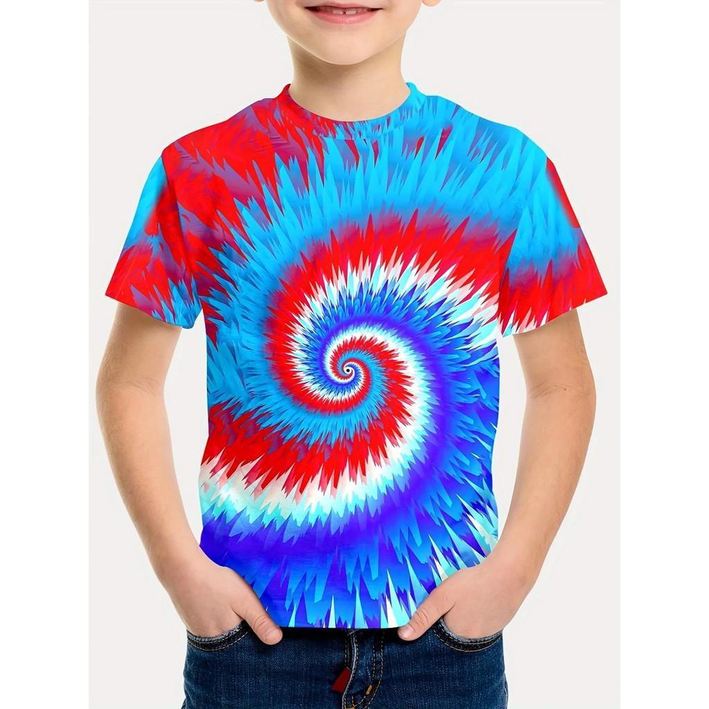 3D Tie-Dye Rainbow Print Kids' T-shirt Summer Fashion Casual Crew Neck Short-Sleeve Top for Boys & Girls