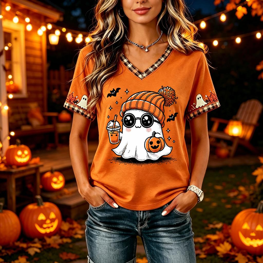 Tricouri Femei Halloween cu Decolteu în V Top cu Dovleac Tricou Casual Top pentru Petrecere de Sărbătoare