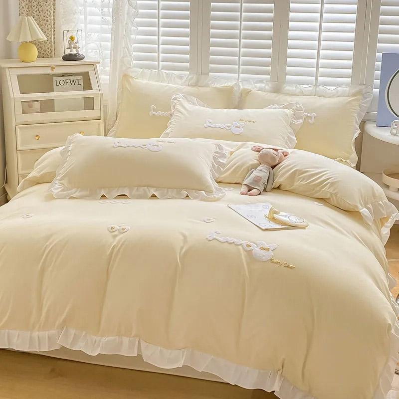 4pcs/set Cartoon Washed Cotton Quilt Cover Princess Style Sheet Cover Korean Cute Fresh Naked Sleeping Comfortable Student Bedding Four-piece Set