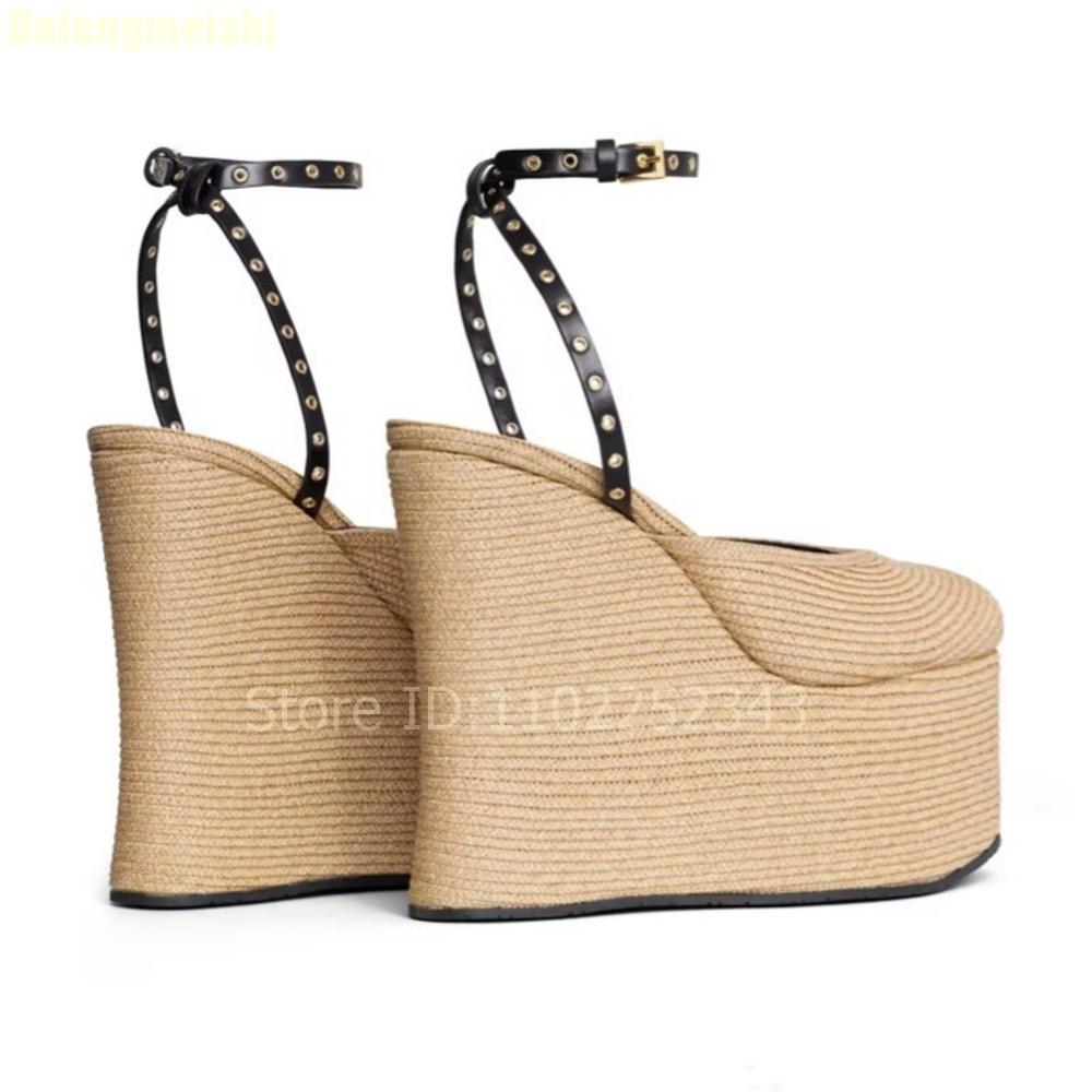 Shallow Ankle Strap Super High Heel Wedges Sandals Grass Woven Platform Women Summer Sandals 2025 New Linen Round Toe Sandals