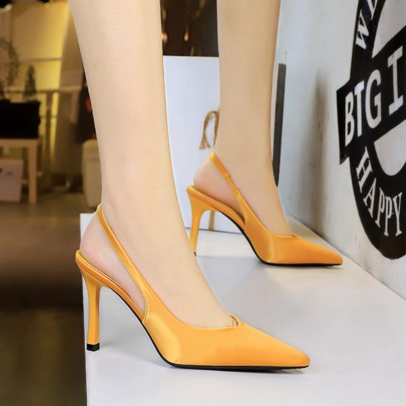 Korean Version Of Simple Banquet High Heels Thin Heels Satin Hollow Plain Back Tripping Pointed Toe Women's Shoes Elegant