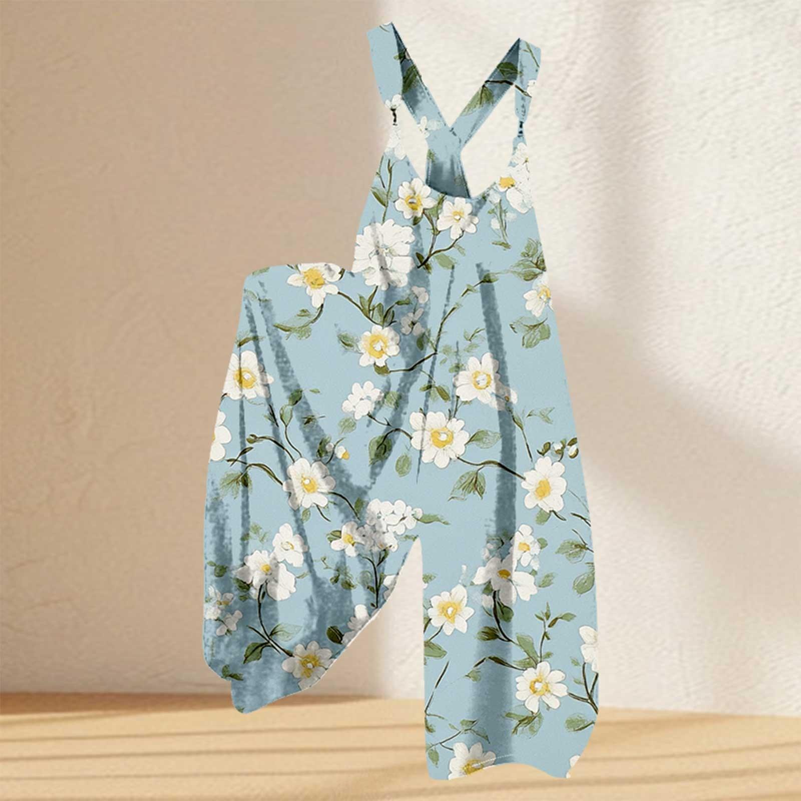 

Женский комбинезон с цветочным принтом, повседневный свободный комбинезон из хлопка и льна XXXL синий