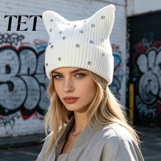 Warm Winter Gift for Her Cat Ear Hat Women Girls, Striped Slouchy Crochet Headgear Retro Style with Shiny Rhinestones, Cute Knitted Cap Fashionable