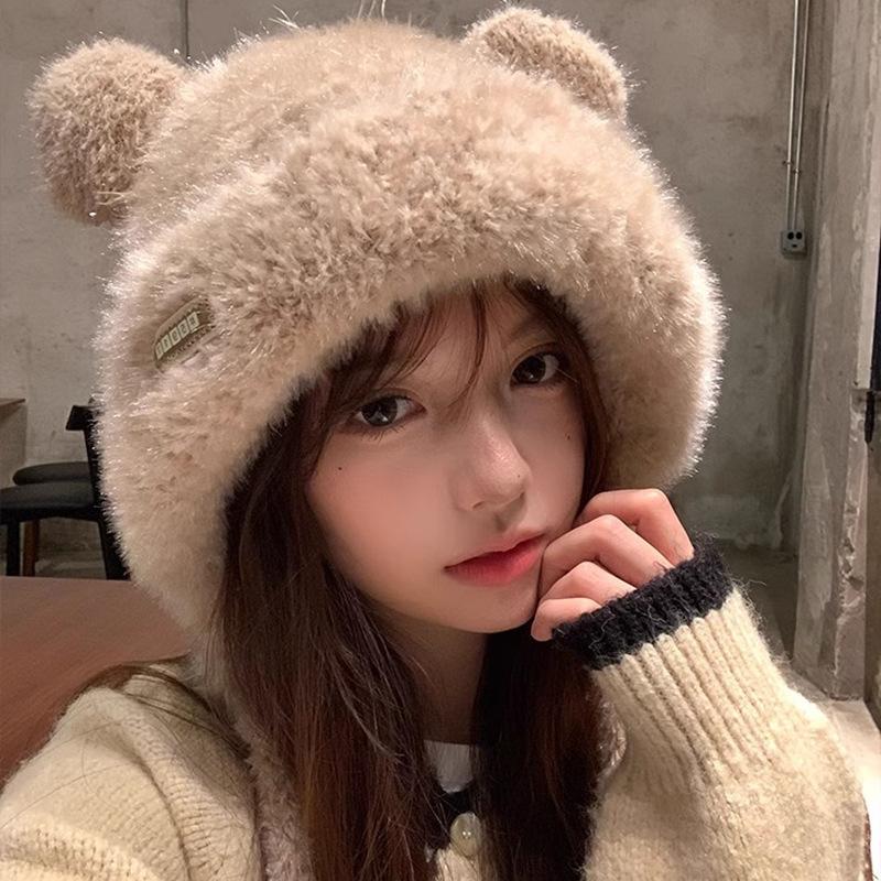 New bear hat women's autumn and winter thickened warm and cold-proof plush hat shows small face knitted wool hat tide