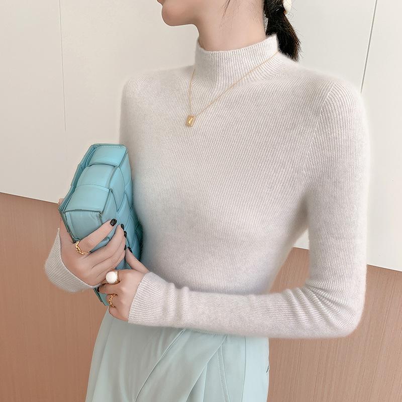 Women's Seamless Cashmere Knit Slimming Sweater - Long Sleeve, Half-High Neck, Tight-Fit, Autumn/Winter Base Layer