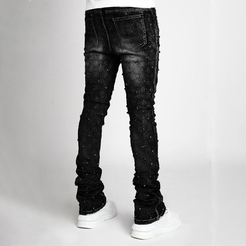 Men's European & American Fashion Straight Denim Pants with Elastic Pearl Layered Detail