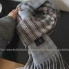 2024 Women's Korean-Style Blue & Brown Plaid Double-Sided Winter Scarf
