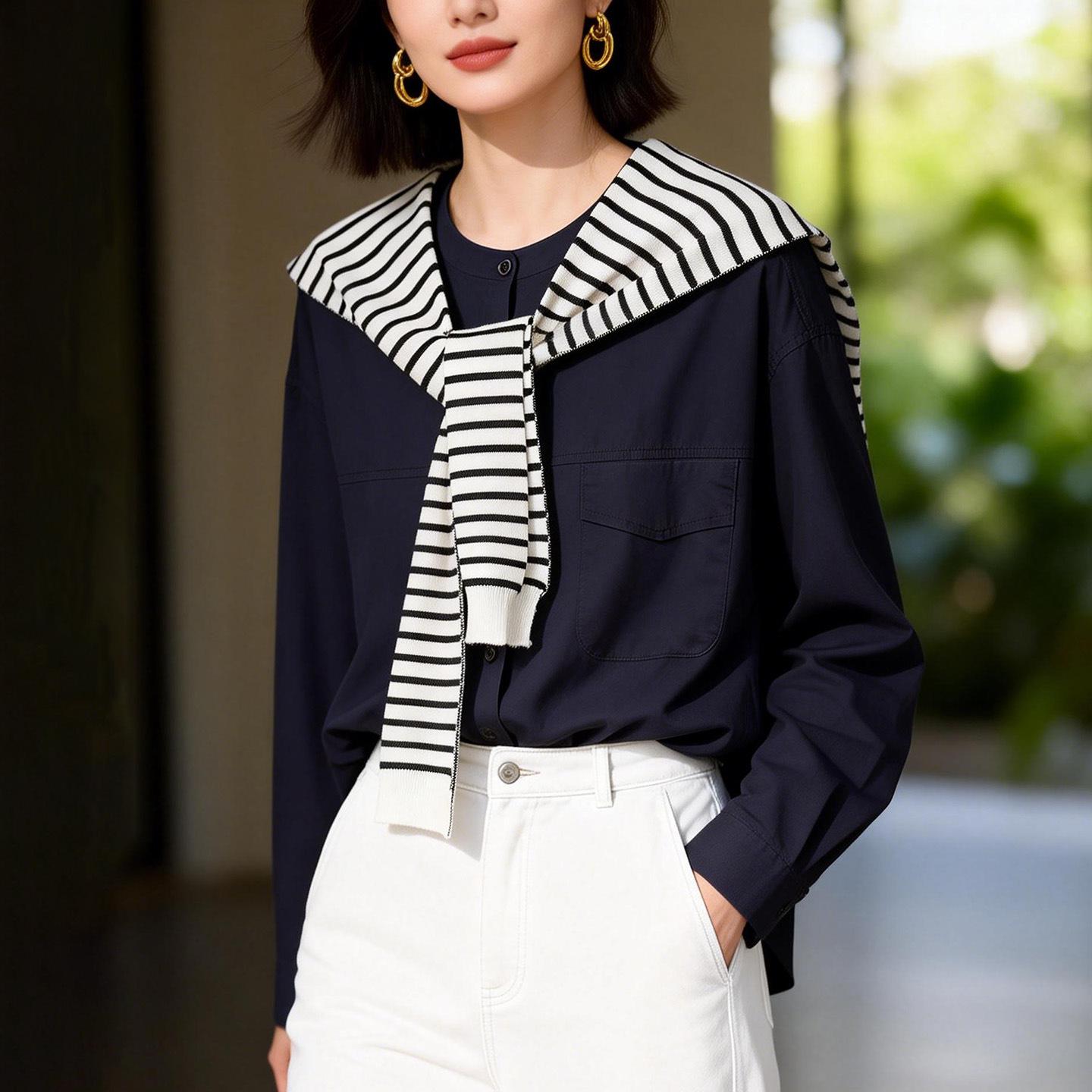 

Women s White Round Neck Long Sleeve Shirt with Striped Knit Shawl - New for Spring 2026, Loose and Slimming Fit One Size