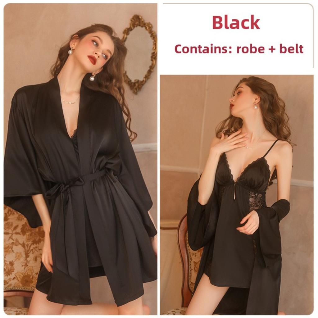 Sexy Pure Desire Pajamas Lace Solid Color Suspender Skirt Lace-up Morning Robe Robe Loungewear Set