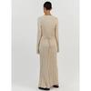 Elegant Solid Ribbed Knitted Maxi Dress Women Slim Casual Waistband Round Neck Long Sleeve Lace Up A-line Dresses 2023 Autumn Lady Streetwear Robe