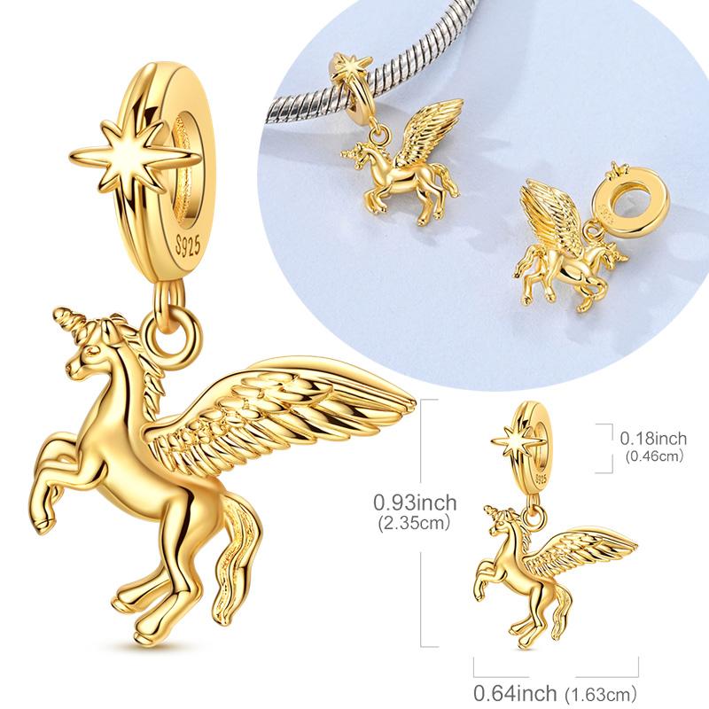 Original 925 Sterling Silver Charm Bead Gold Flying Unicorn Pendant Fit Original Bracelet For Women DIY Accessories Jewelry Gift