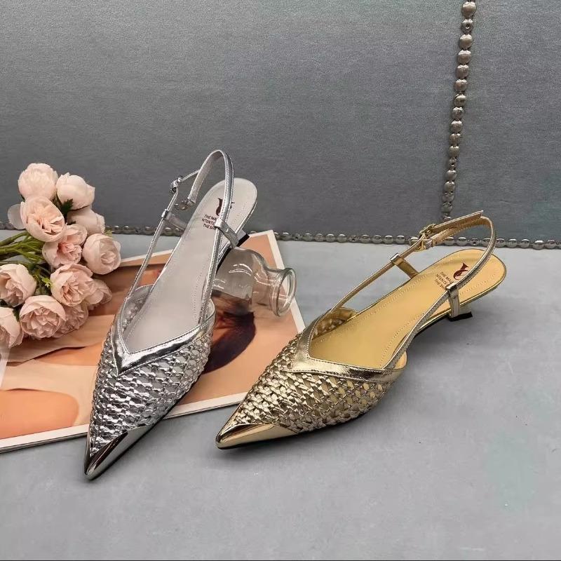 Fashion 2025 Summer Pointed Cat Heel Breathable Hand-Woven Gold and Silver French Sandals for Women