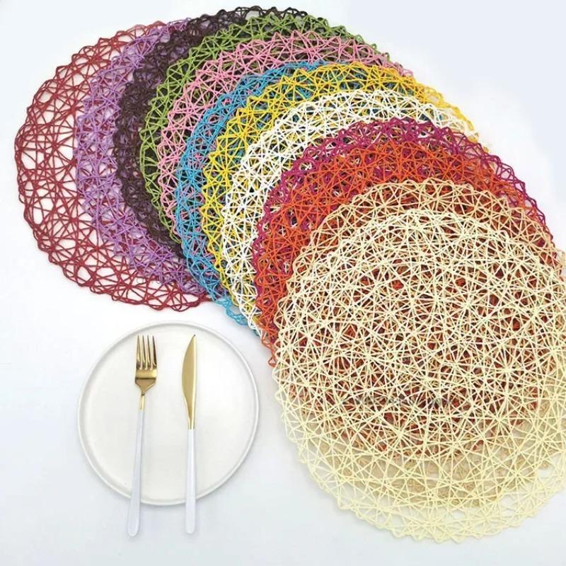Round Paper Woven Placemats Wood Heat Resistant Rattan Brown Paper Straw for Dining Party Wedding
