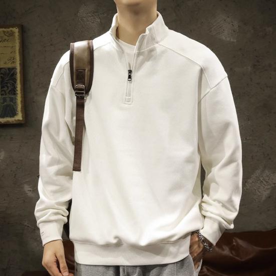 Pánská mikina na zip s elastickými manžetami, dlouhým rukávem a stojáčkem, volného střihu, jednobarevná, pro běžné nošení, do školy, střední délky