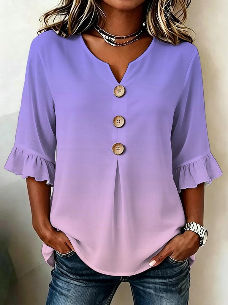 Women's Lavender Solid V-Neck Button Front Blouse, 3/4 Ruffle Bell Sleeve Loose Casual Top for Spring Summer Office & Daily Wear