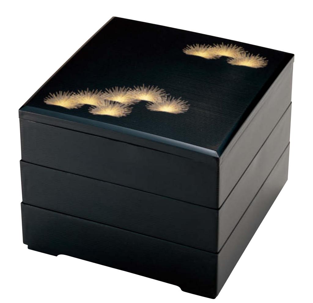 Lacquerware tiered young pine box, 7-inch, black, (black interior), 3-tier, H-159-3A