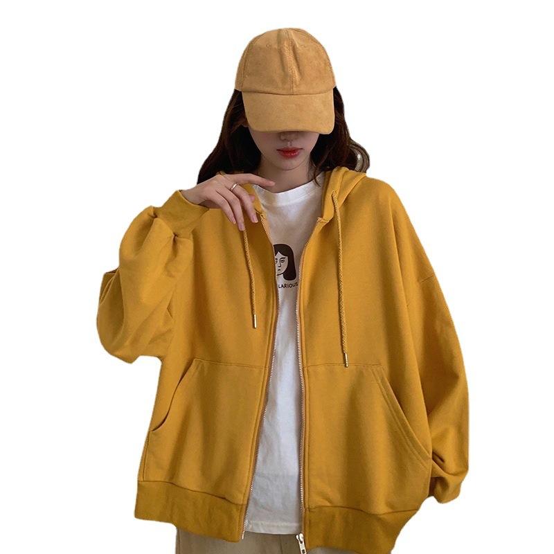 Double Hat Spring and Autumn Loose Zipper Long Sleeve Cardigan Jacket for Women Korean Solid Color Hooded Sweatshirt for Women