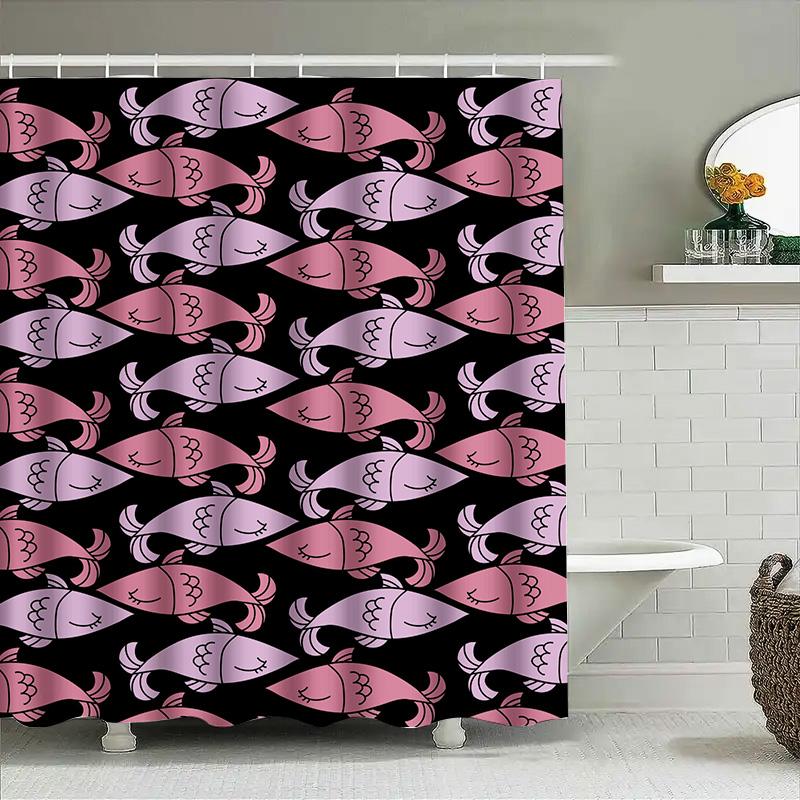 

Modern Colorful Fish Shower Curtain SetPerfect for Bathroom Decor Pink Black Design with Cute Sleepy Eyes Pattern 3D Waterproof 90x180cm