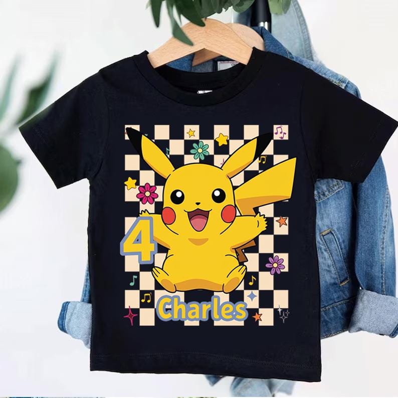 Custom Pikachu 4th Birthday Shirt, Personalized Name Charles Pokemon Tee, Pokemon Theme Party Kids Clothes, 4th Birthday Boy Outfit 110