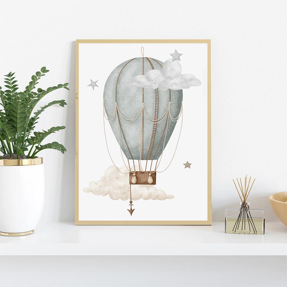 Monkey Lion Poster and Print Canvas Painting Wall Art Picture for Kids Room Nursery Decor Watercolor Hot Air Balloon Animal