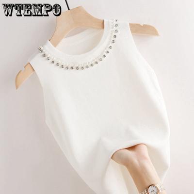 Women's Knitted Beaded O-neck Vest Undershirt Female Fashion Spring Summer Knitted Bottoming Shirt Solid Sleeveless Slim Tops
