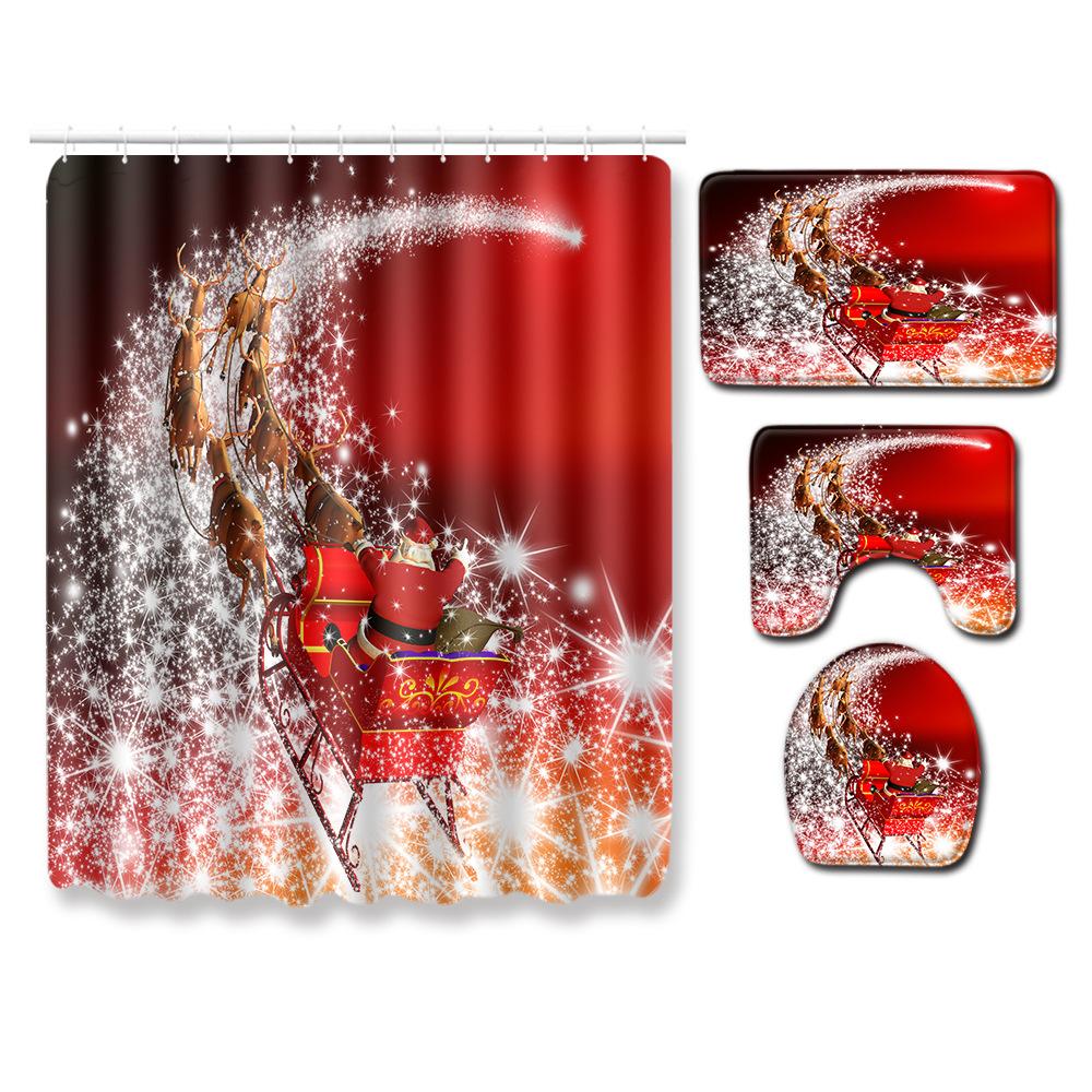 Christmas Shower Curtain Floor Mat Combination Four-Piece Set Kitchen Door Mat Bedroom Living Room Carpet