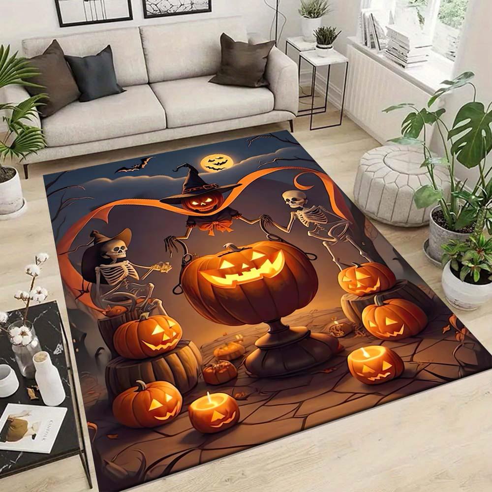 1pc Skull and Pumpkin Area Rug, Slip-Resistant, Easy-Clean, Stain-Resistant, Perfect for Cozy Living Rooms, Bedrooms, Kitchens, Offices, and