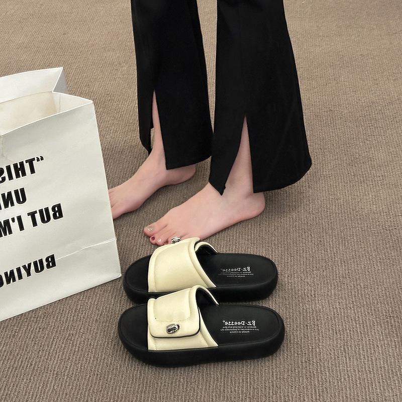 

High-end Xiaoxiangfeng one-word slippers for women 2025 summer thick-soled outer wear Velcro casual soft-soled beach sandals 40 бежевый
