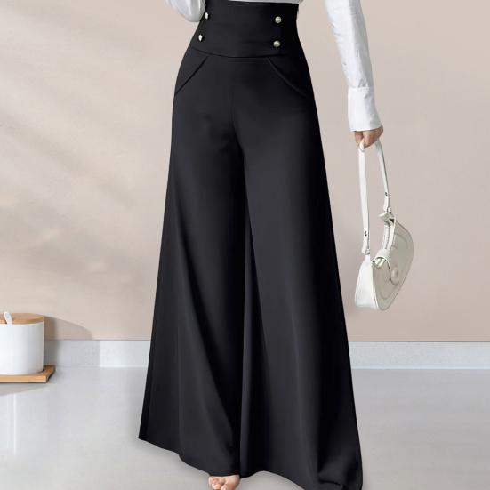 Damen Freizeithose Hohe Taille Übergroßes Weites Bein Bürodamenhose mit Taschen Einfarbig Locker Geschnitten Businesshose