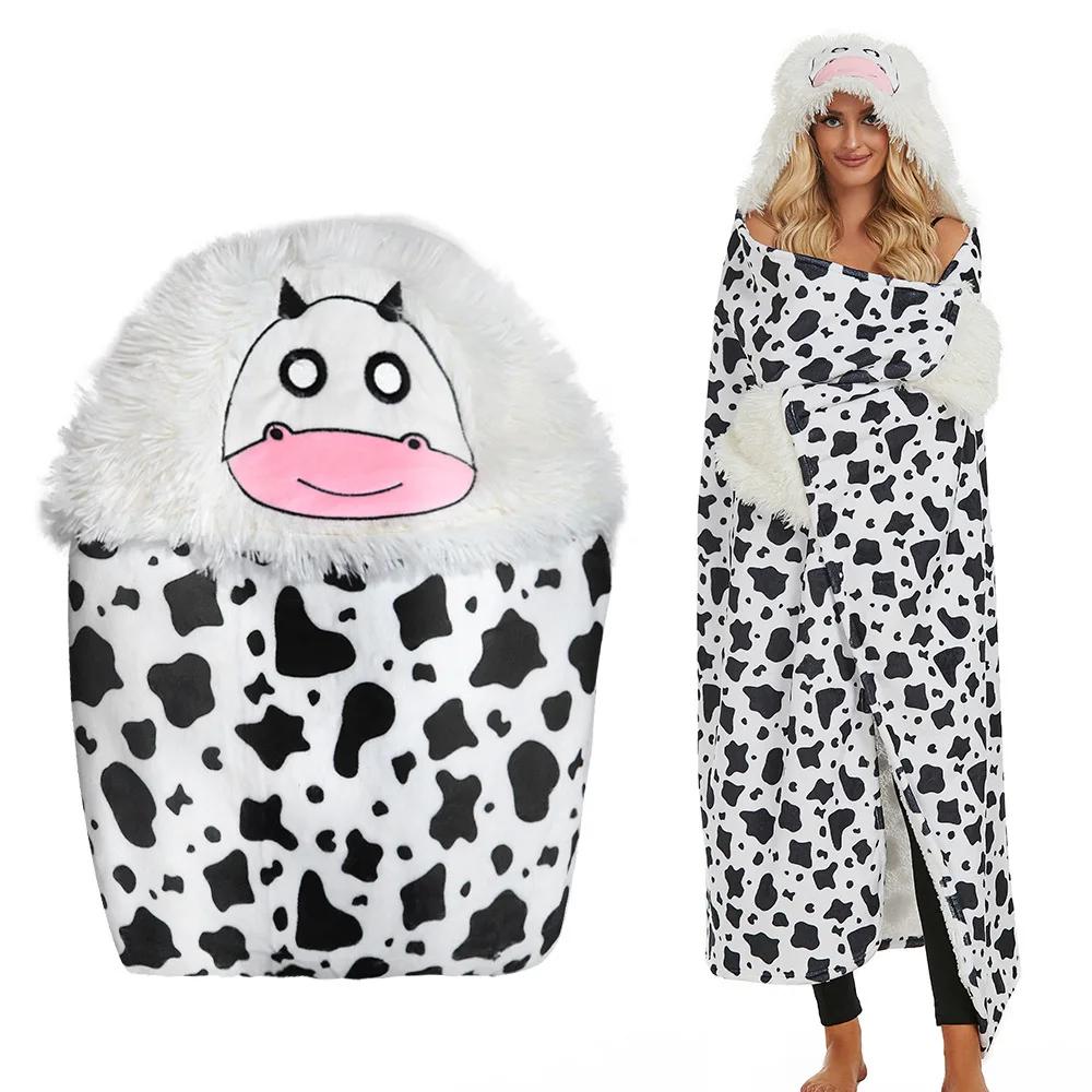 Cartoon Animal Hooded Blanket Soft Fleece Lamb Velvet with Sleeves Gloves Comfortable Winter Home TV Sofa Nap Blanket