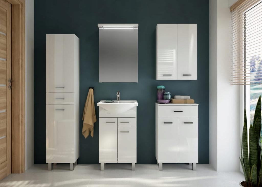Bathroom cabinet with a washbasin on legs 85x50, standing white Mea with an elongated chrome tap