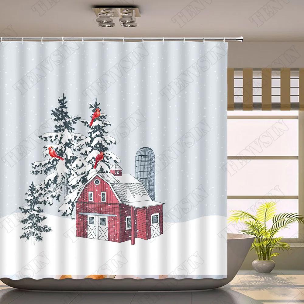 Winter Shower Curtain Snow Red Truck Pine Rural Snowman Scenery Fabric Cloth Christmas Decor Bathroom Curtain Bath Accessory Set