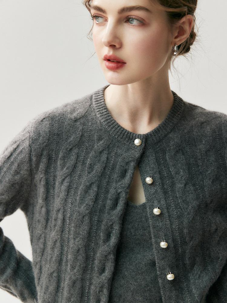 Dames 100% Kasjmier Kabelgebreid Vest - Ronde Hals, Parelknopen, Effen Kleur, Perfect voor Herfst en Winter