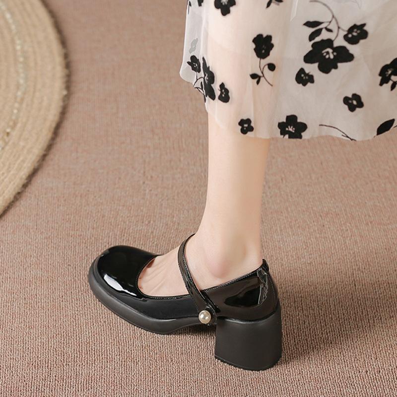 Genuine leather~ Mary Jane thick heel single shoes women's pearl French retro high heels one word with shallow mouth fairy shoes college