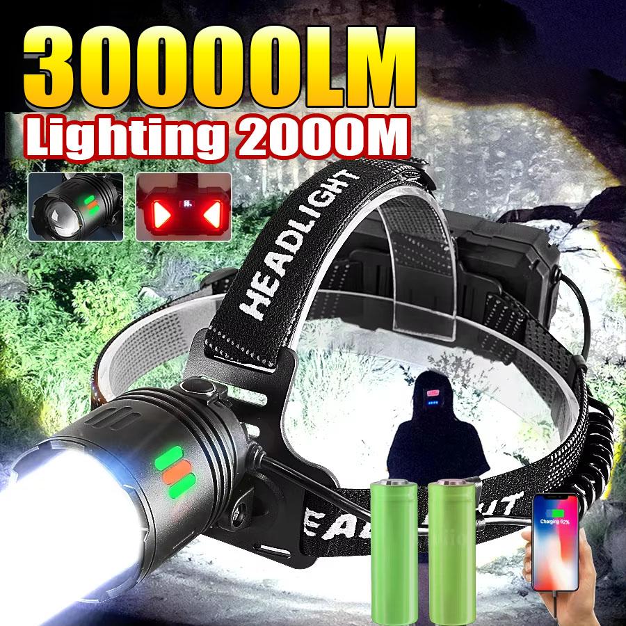 30000LM Powerful LED Headlamp Bright Long Shot 2000M Portable Head Lights Rechargeable Power Bank Fishing Camping Zoom Torchs