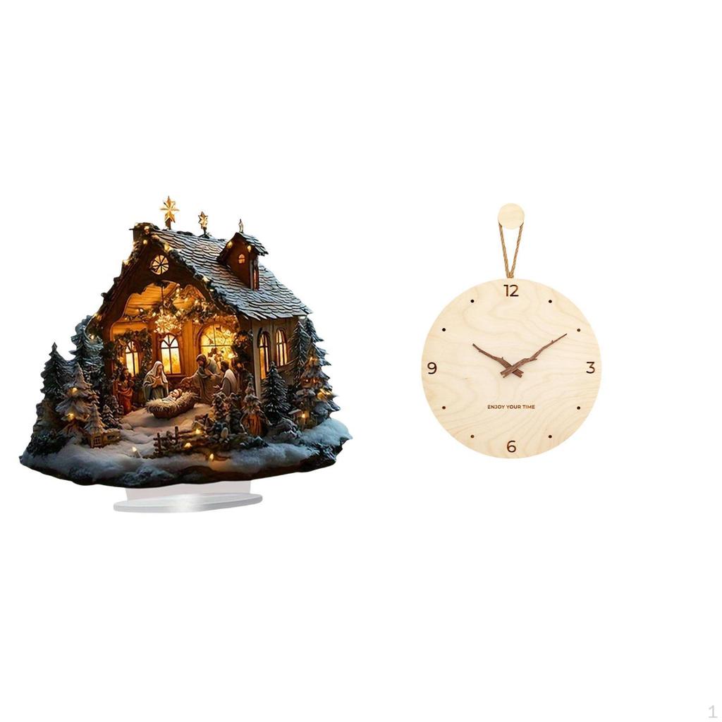 Nativity Scene Sculpture Decorative Wall Clock Acrylic Table Ornament Standing Centerpiece Silent