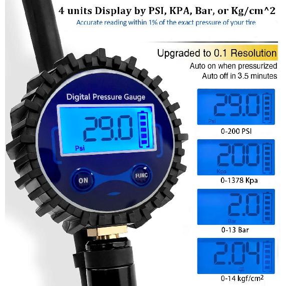 Digital Tire Pressure Inflator Gauge Aluminum Alloy Tyre Pressure Meter Air Line Clip-on Tyre Pump for Motorcycle Bicycle Auto