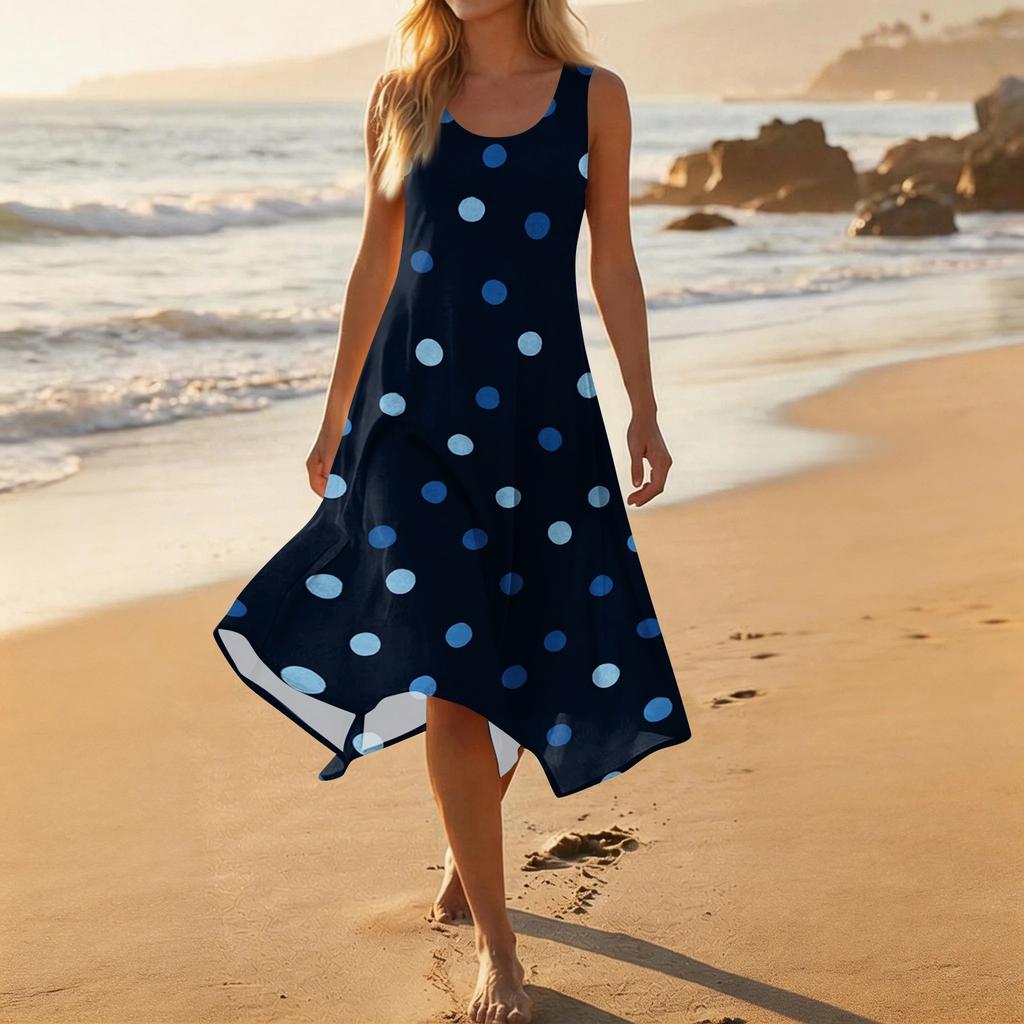 Women Sleeveless Polka Dot Print Midi Dress Crew Neck Casual Loose Fit Asymmetrical Hem Lightweight Sundress