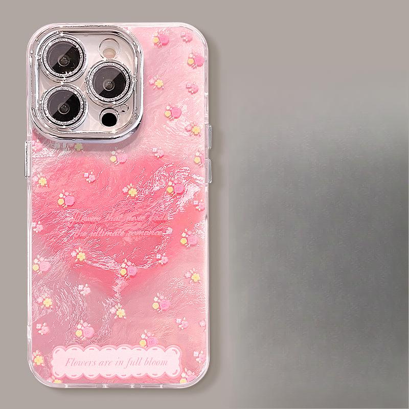 Pink Florals Suitable for Apple 16pro Glacier Pattern Mobile Phone Case 15 Full-inclusive Lens Film 14 Spring and Summer 13 Small Fresh X